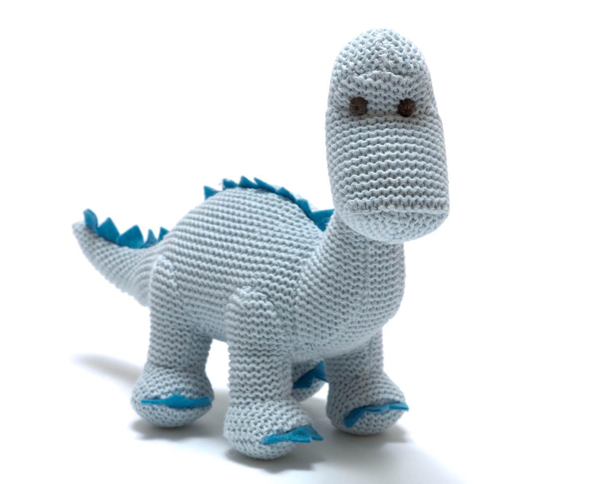 Pastel blue diplodocus knitted dinosaur baby toy with rattle